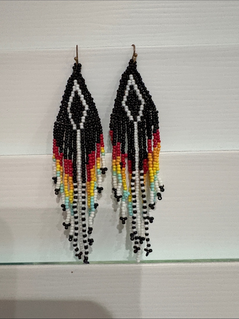 Handmade Beaded Fringe Earrings — Black with Multicolor Accents